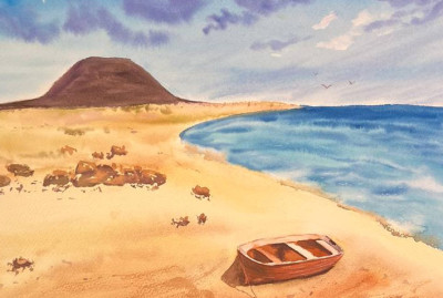 Playa de arena con barco