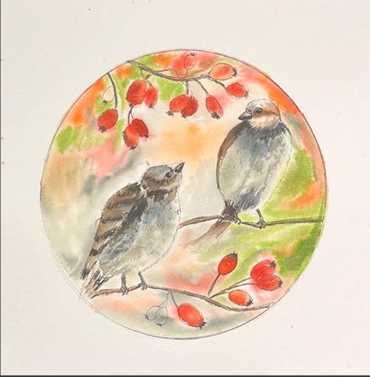 Воробьи в шиповнике